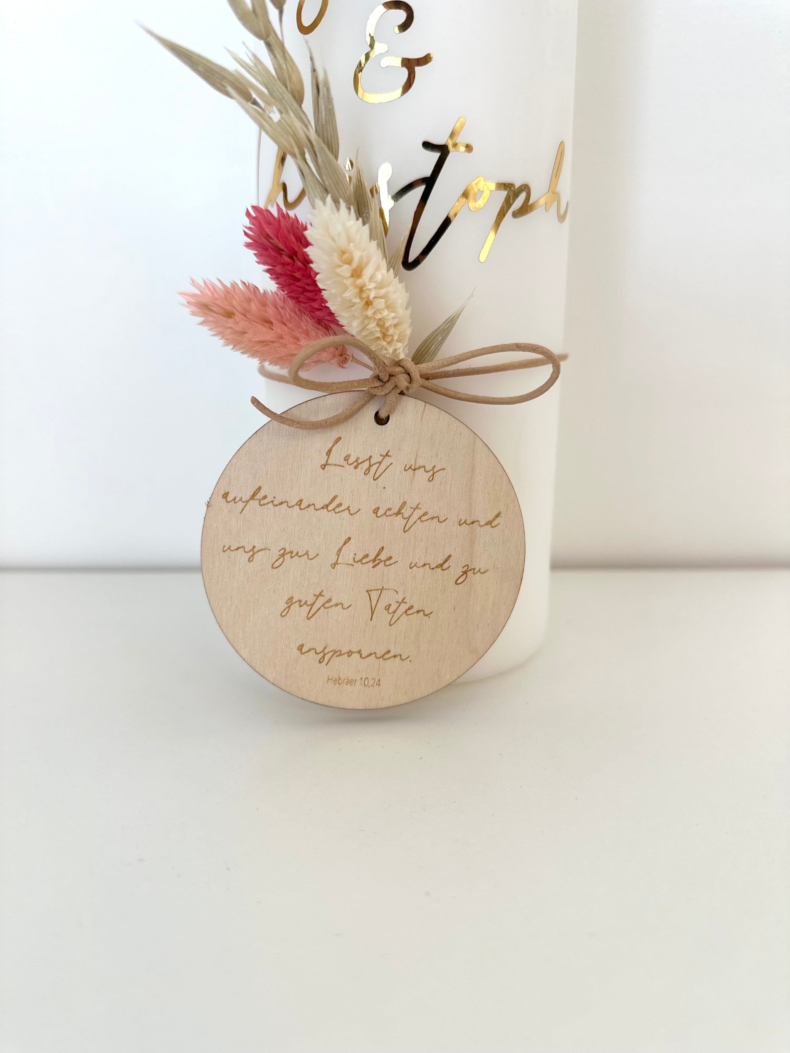 Hochzeitskerze Name + Trauvers Holzplakette I Hochzeit Eheschließung I personalisiert I Traukerze Brautpaar