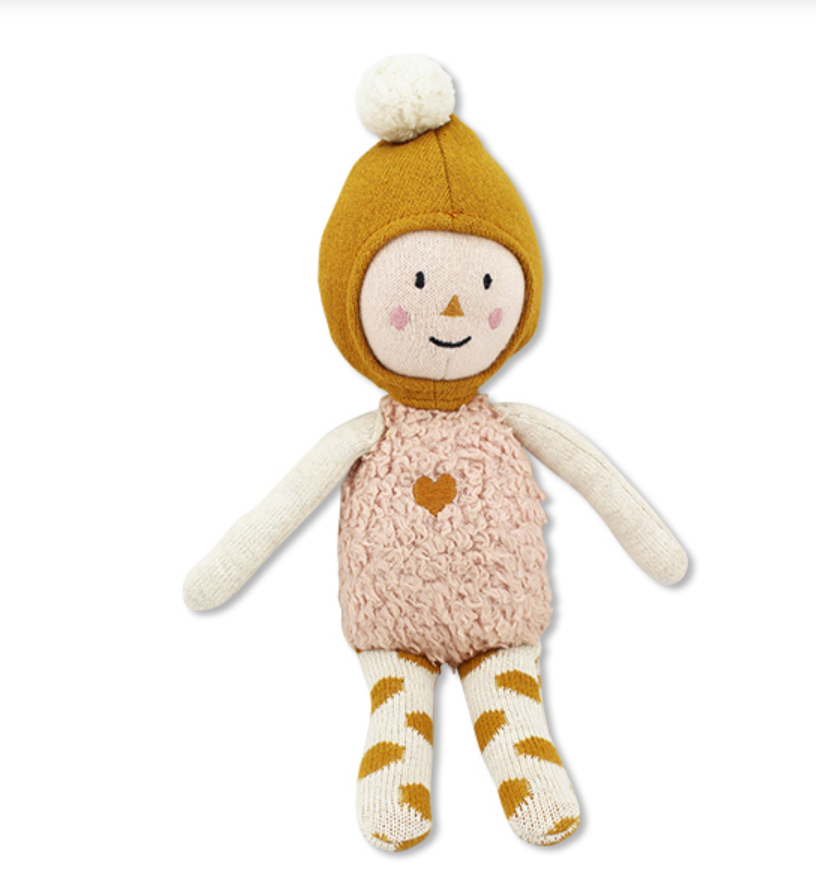 Puppe “Elly” aus Bio-Strickmaterial, rosa/ocker/natur