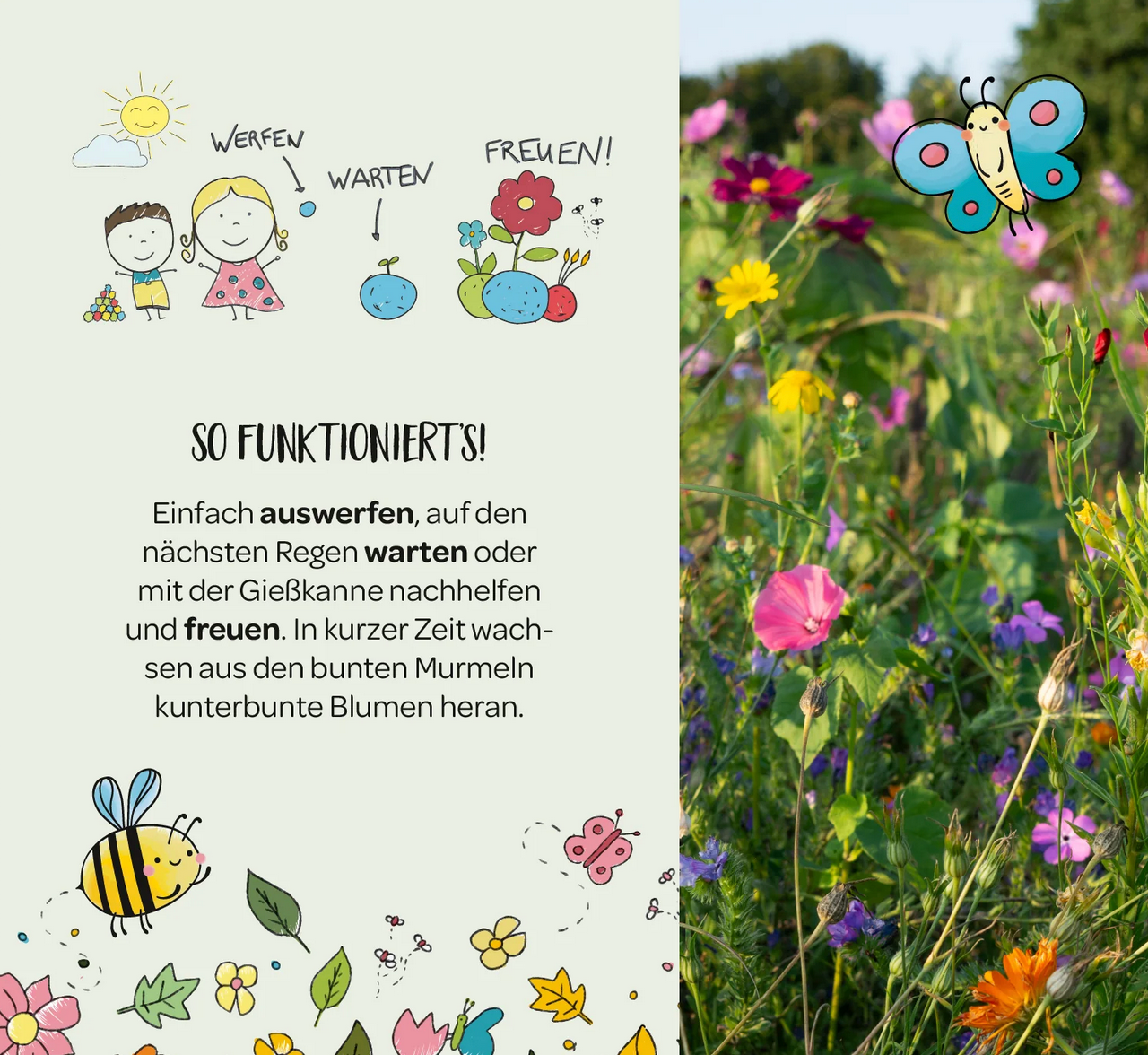 6 bunte Blumenmurmeln im Eierkarton