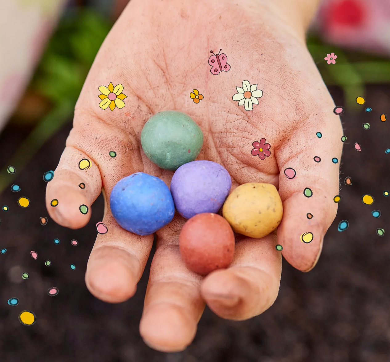 6 bunte Blumenmurmeln im Eierkarton