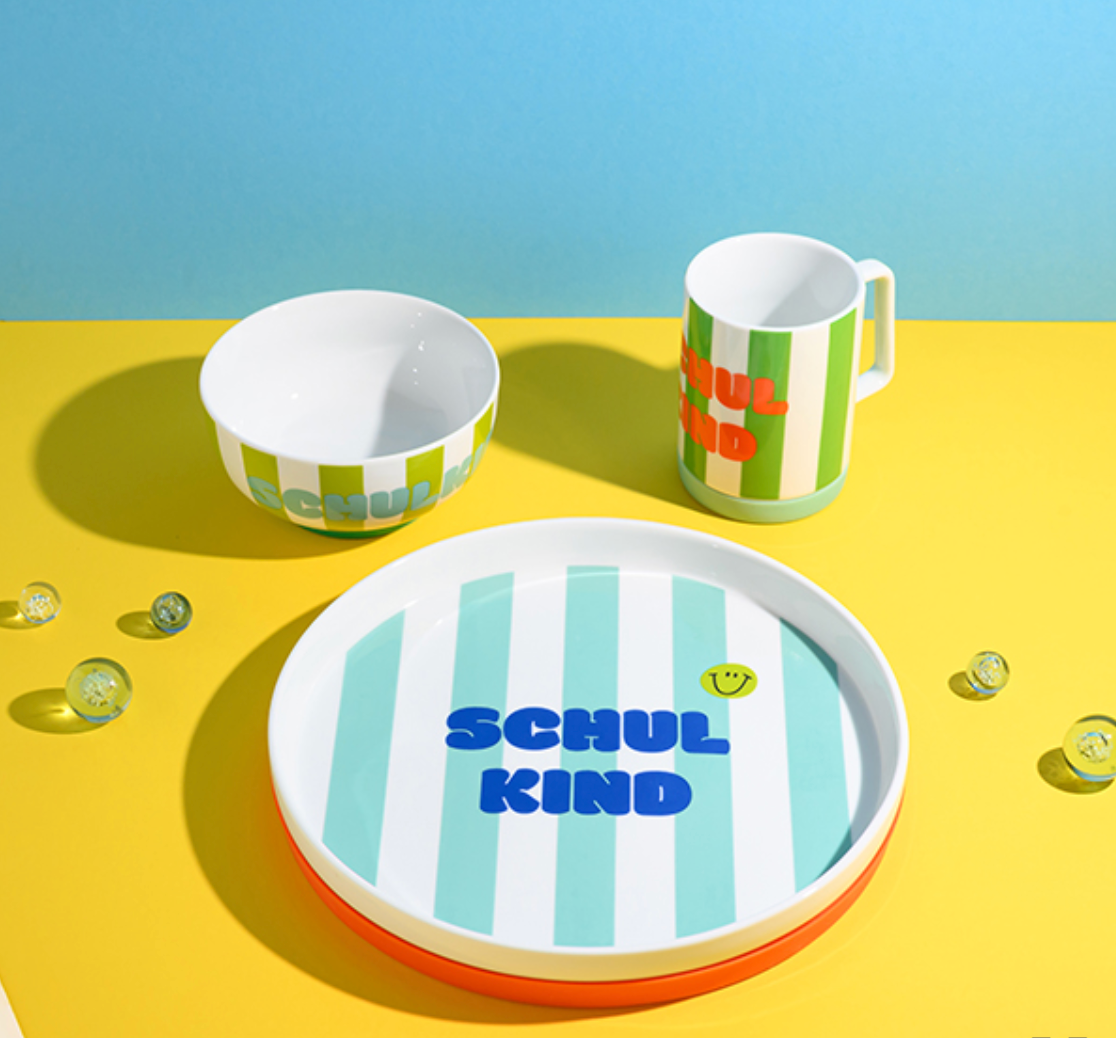 Porzellan-Set Schulkind Streifen, türkis und grün mit großem Teller (23cm), Becher und Müslischale