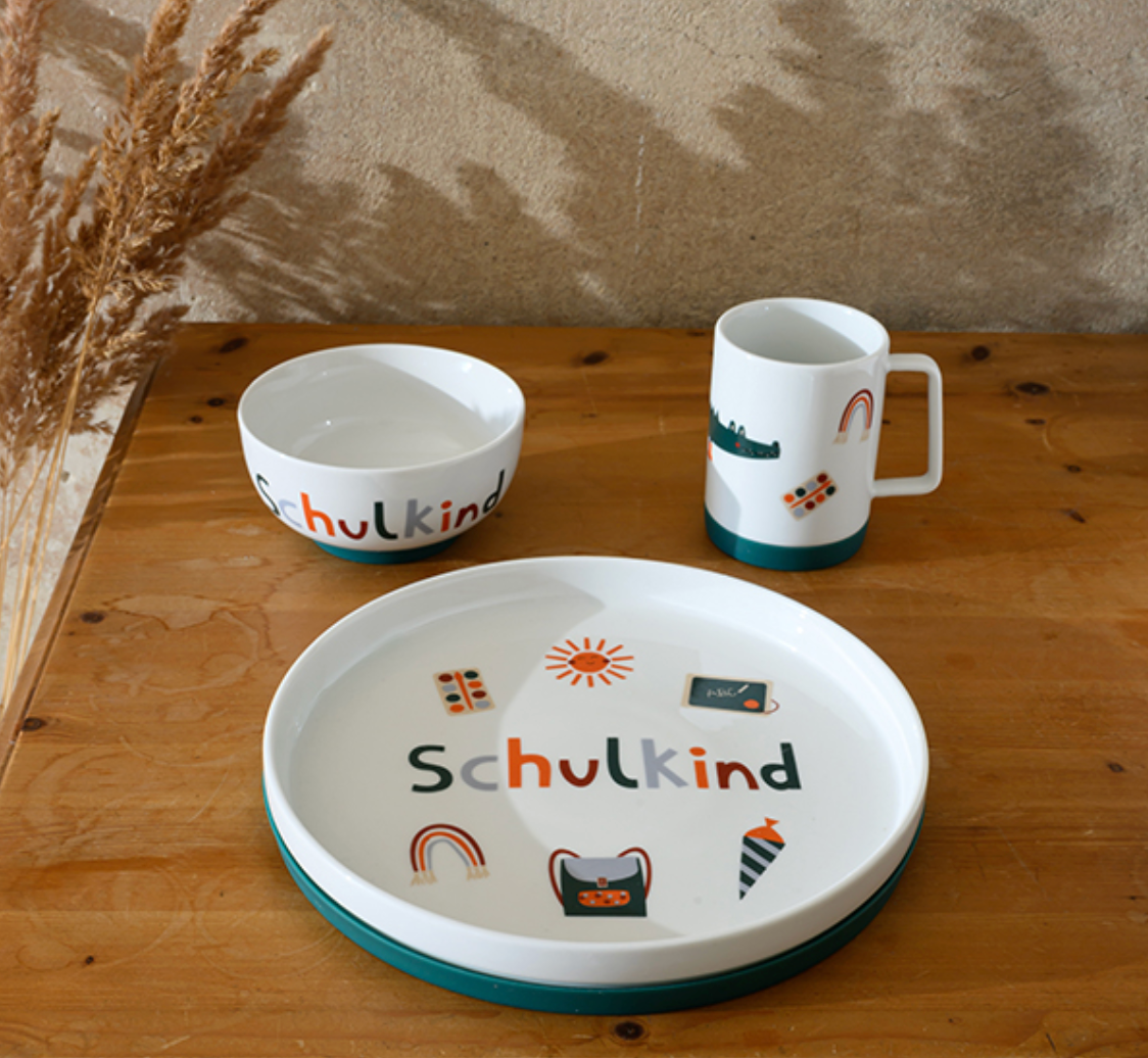 Porzellanset Schulkind Adventure Kids mit großem Teller (23cm), Becher und Müslischale