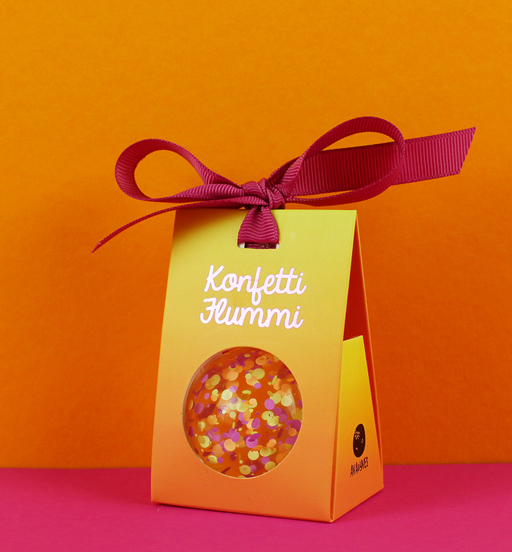 Flummi mit Konfetti, lila/gelb/aprikot, 49mm