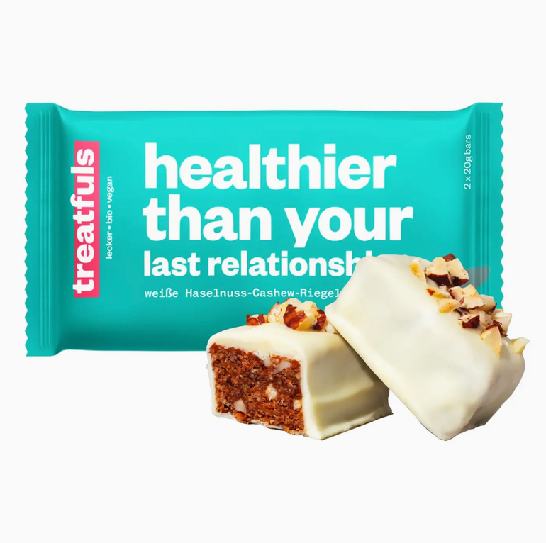 weiße Schoko crunchy Haselnuss Riegel bio+vegan+glutenfrei treatfuls