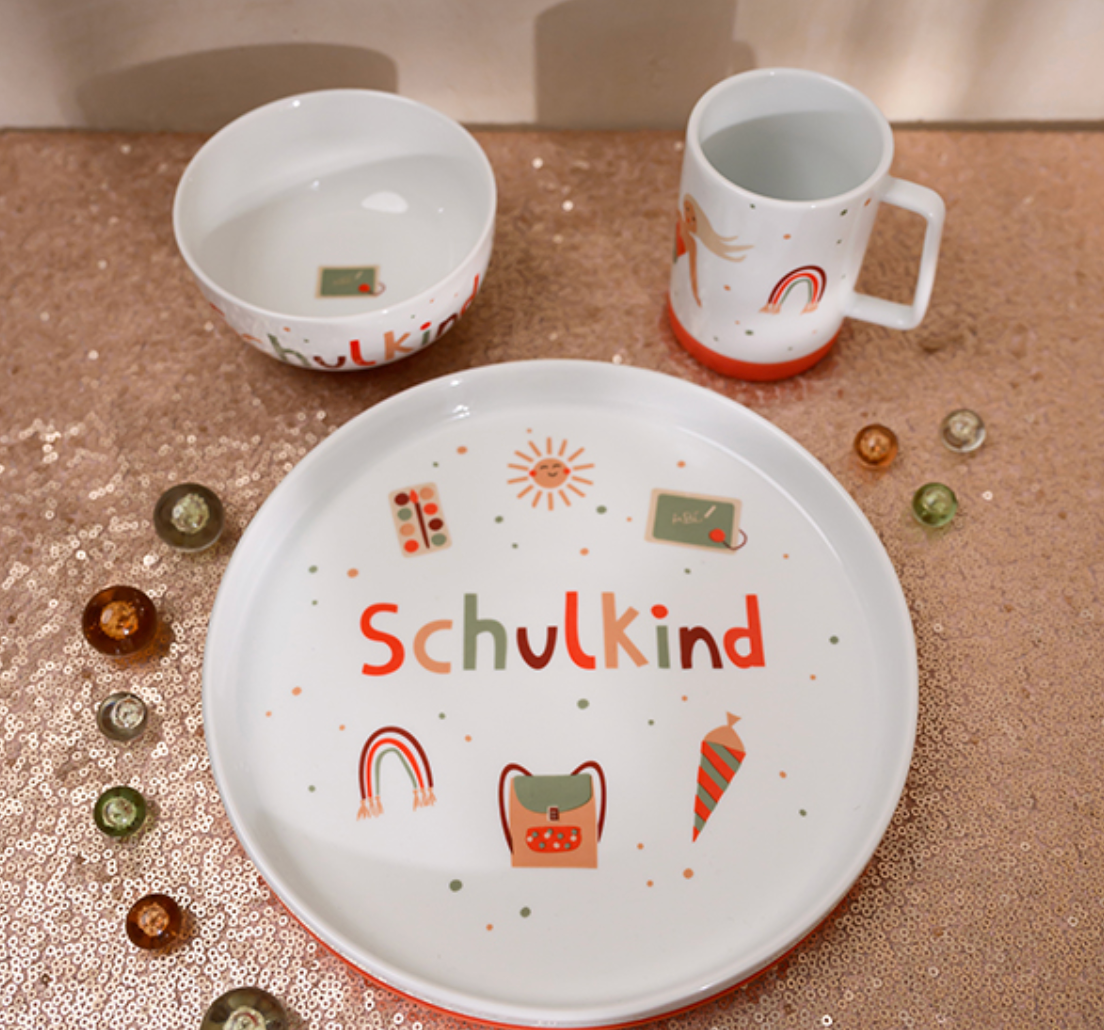 Porzellanset Schulkind Under The Sea mit großem Teller (23cm), Becher und Müslischale