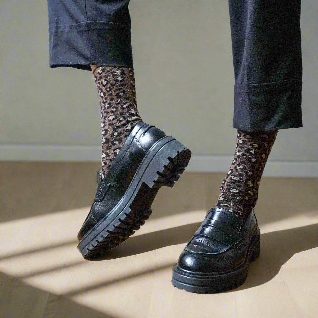KLUE Glitzer-Lurex-Socken aus umweltfreundlichem Lyocell | Leopardenbraun: 36-40