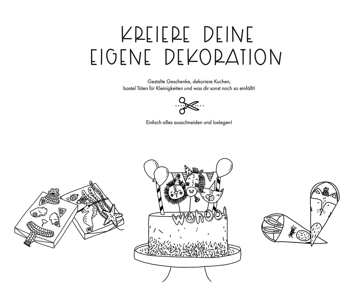 Papier-Motive für Geschenke, Torten und Deko. Ausmalen, Ausschneiden, Kleben, Dekorieren für Kinder