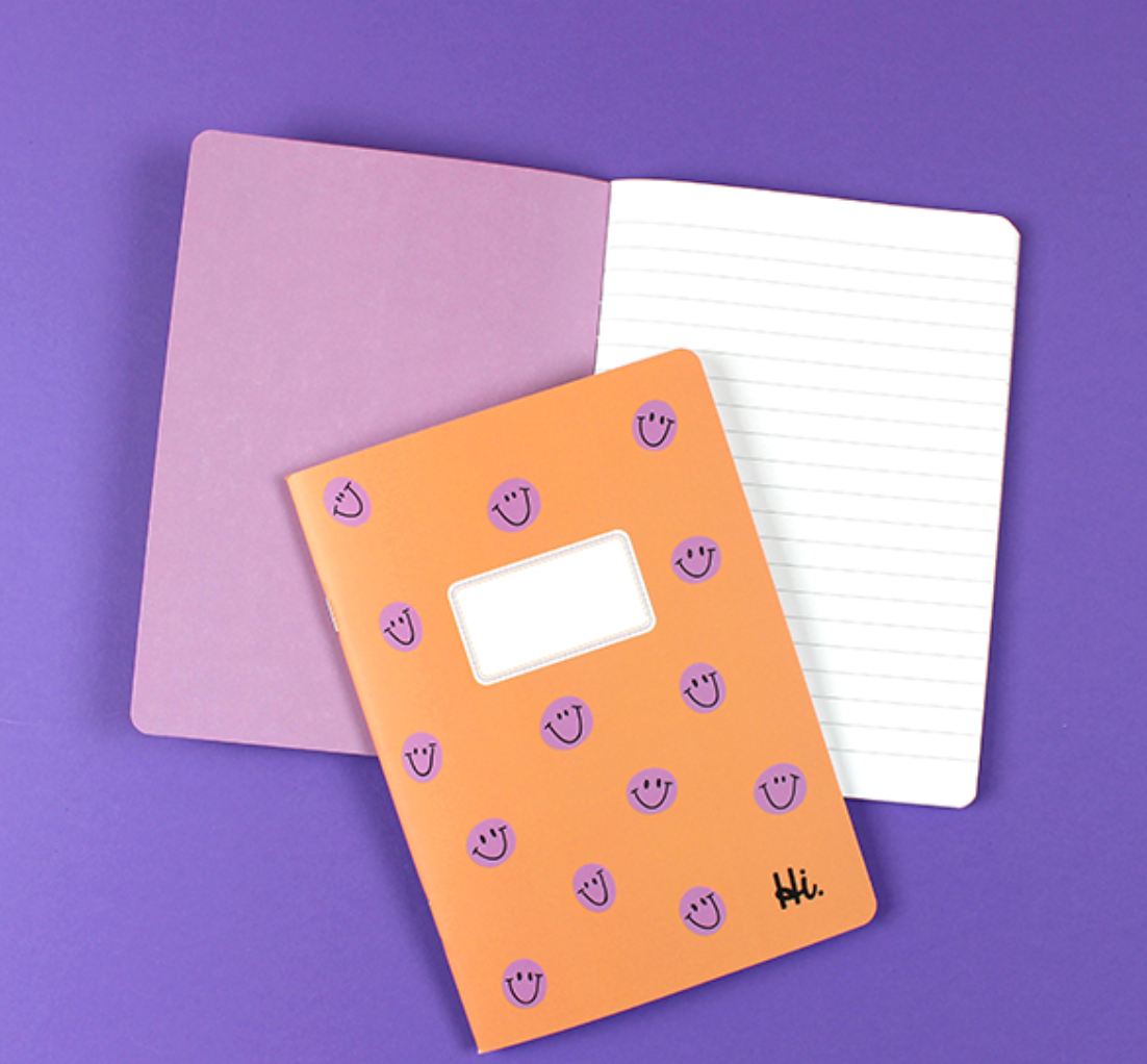 Notizheft apricot mit lila Smiles, 30 Blatt, kariert, DIN A5