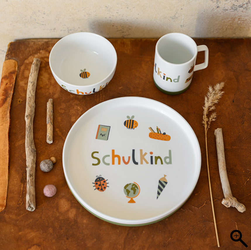 Porzellanset Schulkind Nature Kids mit großem Teller (23cm), Becher und Müslischale