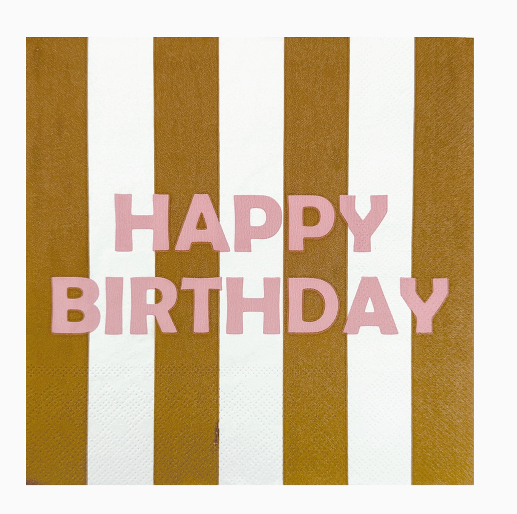 Papierserviette Happy Birthday, braun gestreift x20