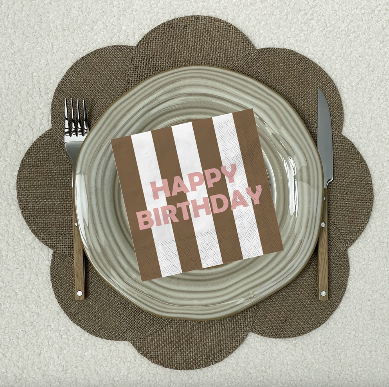 Papierserviette Happy Birthday, braun gestreift x20