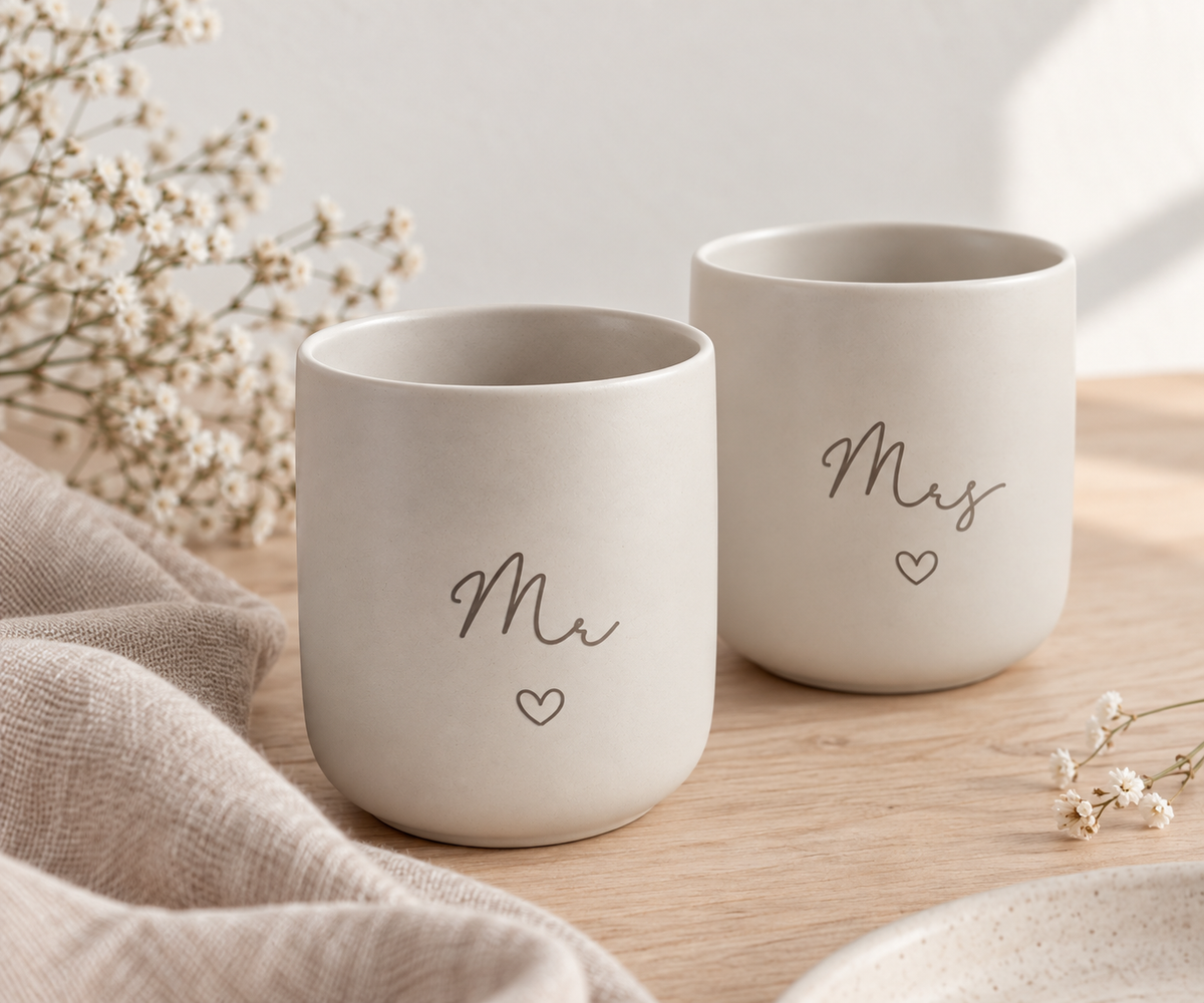 Mr & Mrs Tasse graviert Becher Hochzeitsgeschenk | Gravierte Steingut Tassen  | Hochzeitsgeschenk | Ehepaar Tassen