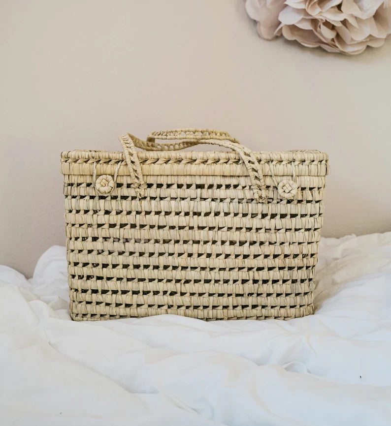 JenLiving® Aufbewahrungskorb CARLO aus Palmblatt, Aufbewahrungskoffer im Boho Style für Kinderzimmer